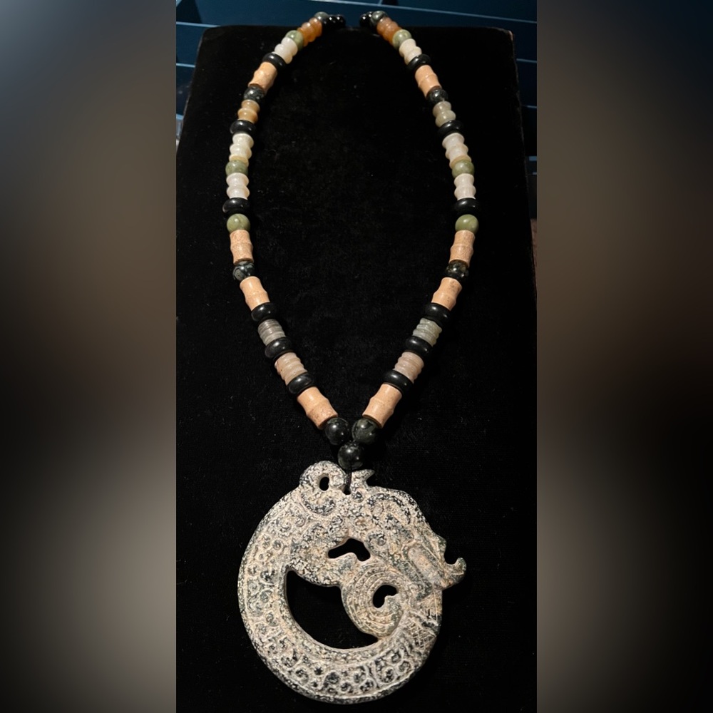 Stone Dragon Pendant with Stone Beaded Necklace One Of A Kind